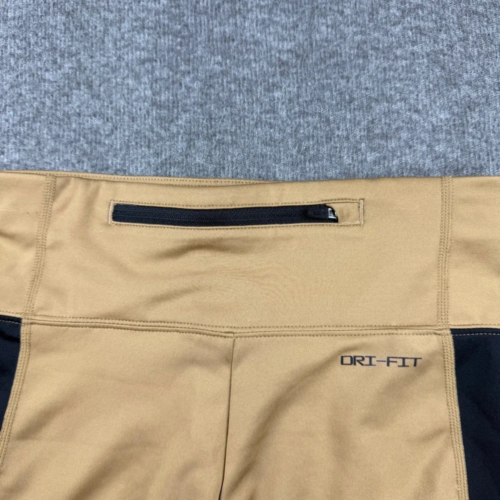 Nike Dri-FIT Womens Biker Shorts Tan Black High Waist Zip Pocket Small 202201190